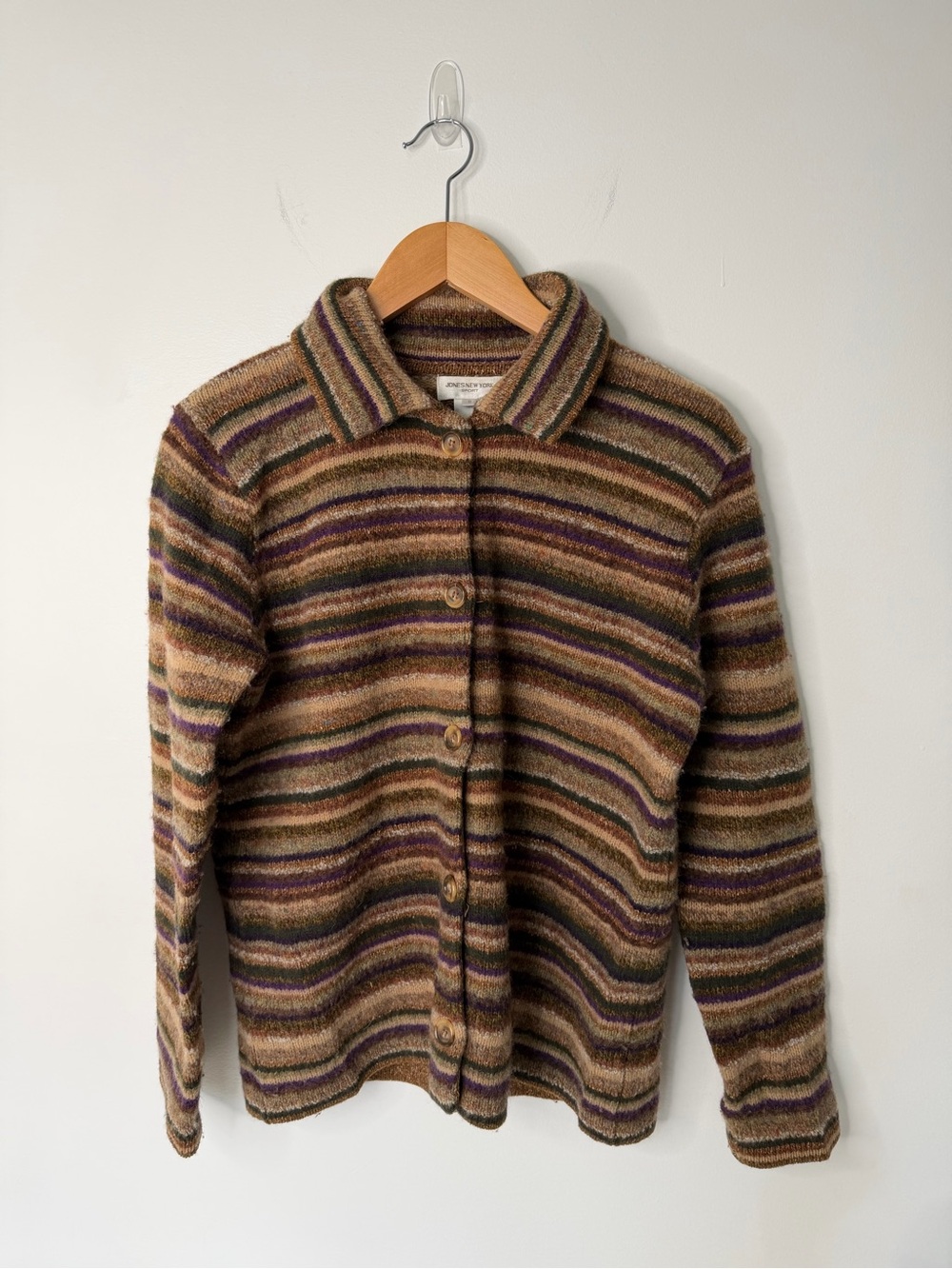 VTG Jones New York Women’s SM Wool Alpaca Blend Striped Cardigan collar Sweater